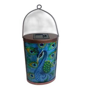 Peacock Theme Solar Powered Light Outdoor Garden Deck Lantern Glass Metal **READ